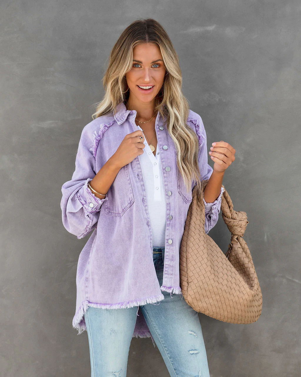 Raw-edge patchwork pocket denim shirt