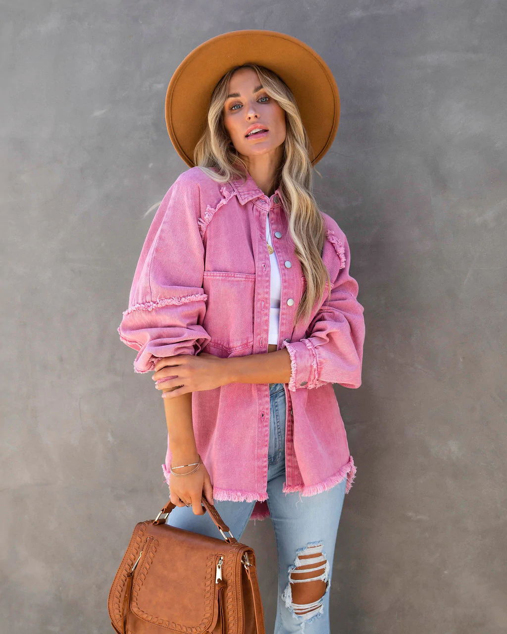 Raw-edge patchwork pocket denim shirt